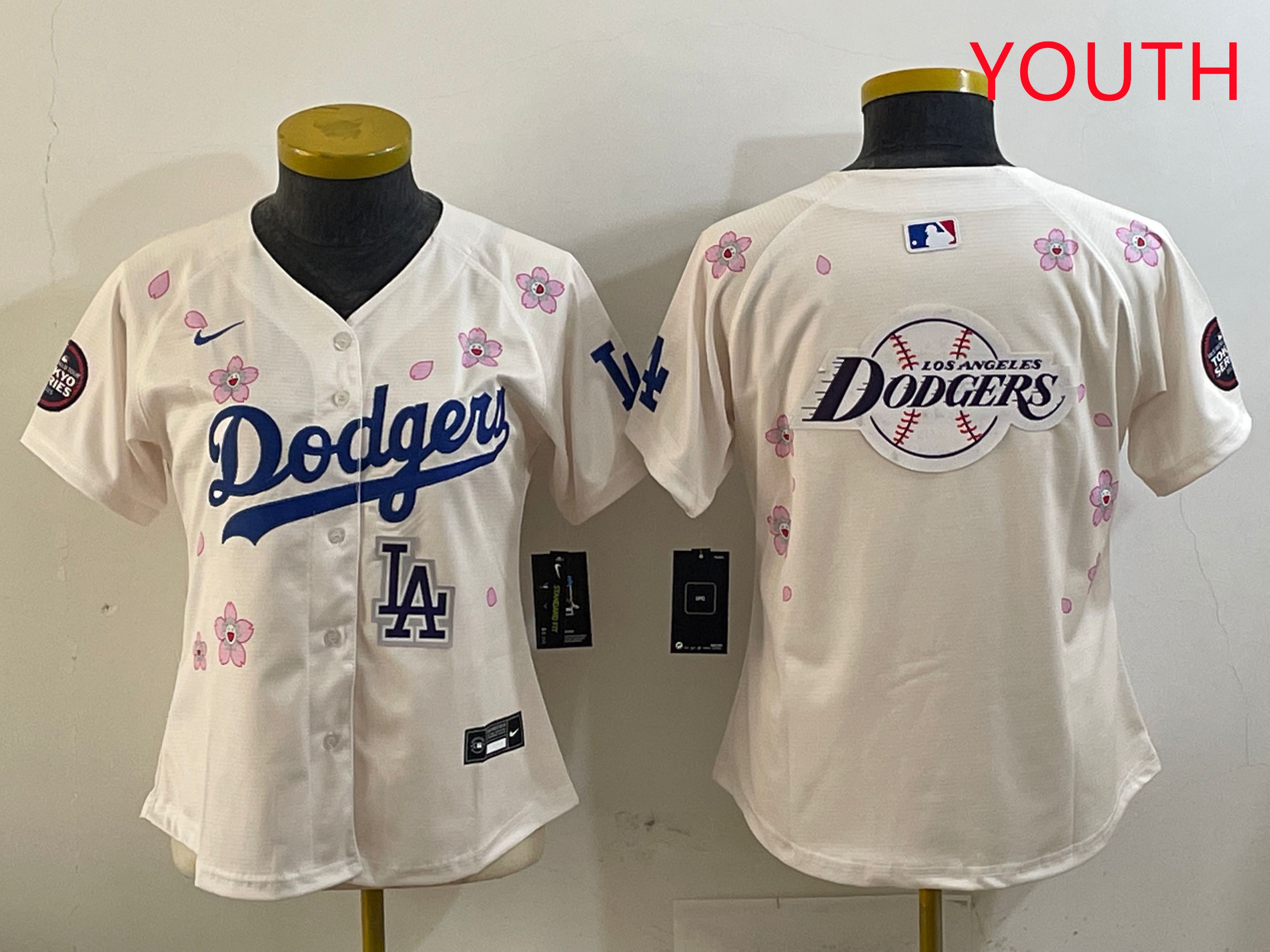 Youth Los Angeles Dodgers Blank Cream Sakura Edition 2025 Nike MLB Jersey style 30->youth mlb jersey->Youth Jersey